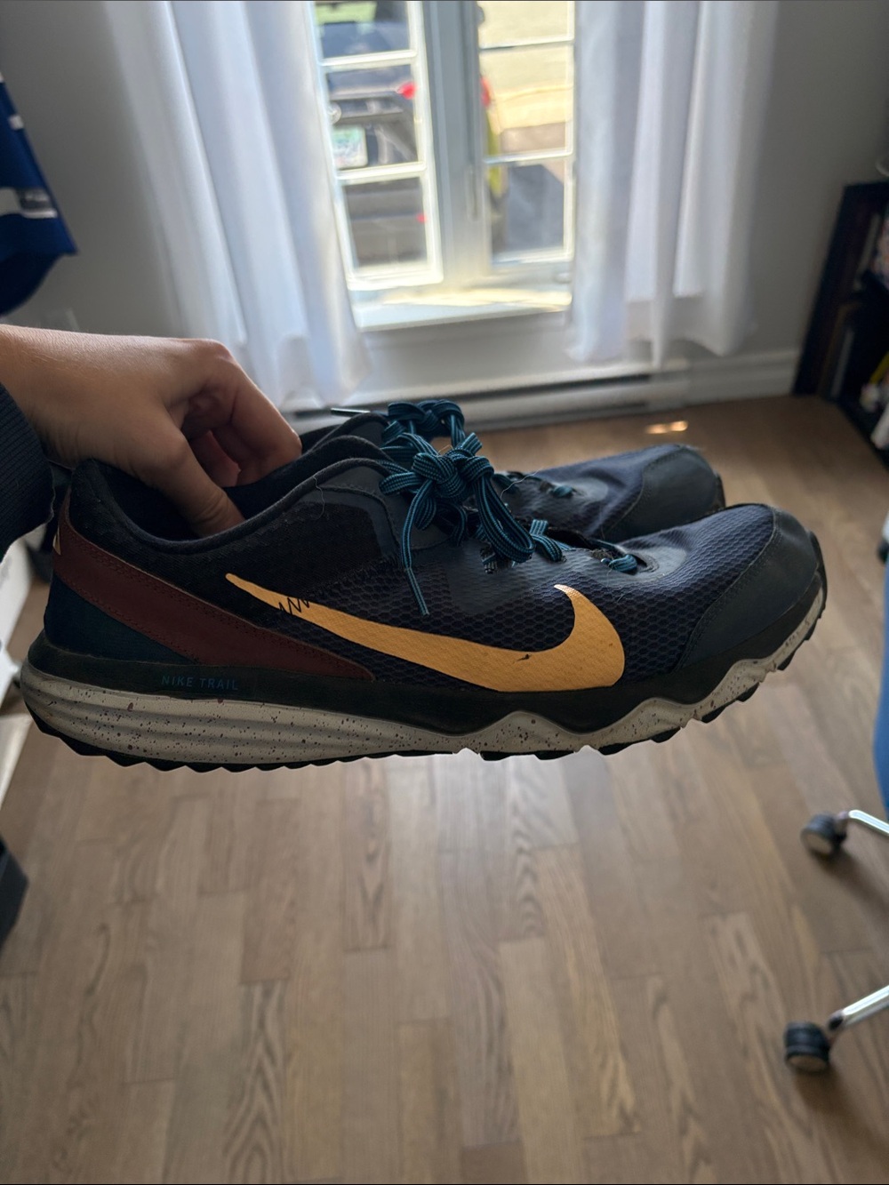 Nike Men’s Athletic Trail Shoes - Black with Gold Swoosh and Brown Accent
